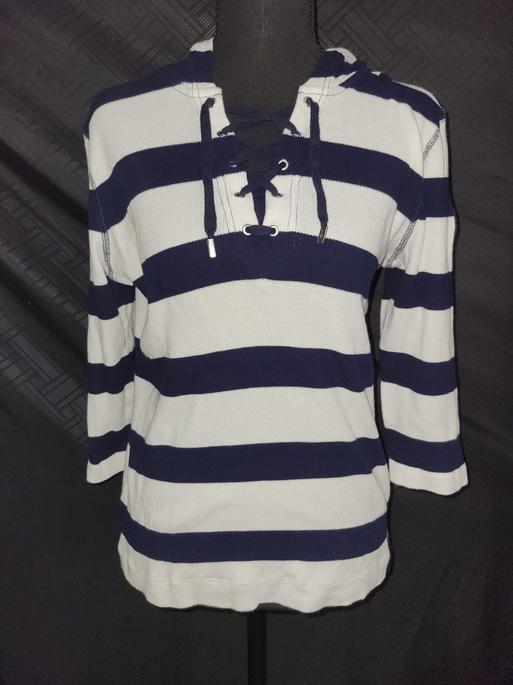 Lauren Ralph Lauren Navy White Striped Sailor Collar Lace Up Top Large With Hood